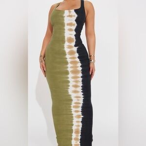 Fashion Nova Olive and Black Tie-Dye Maxi Dress